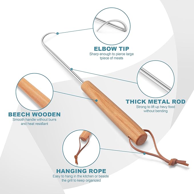 Stainless Steel Pigtail Food Flipper, HaSteeL 11.8” Meat Turner Hook for Right Handed, Grill Accessories Steak Flippers With Wooden Handle for Outdoors Griddle BBQ Grilling Kitchen Cooking, Small