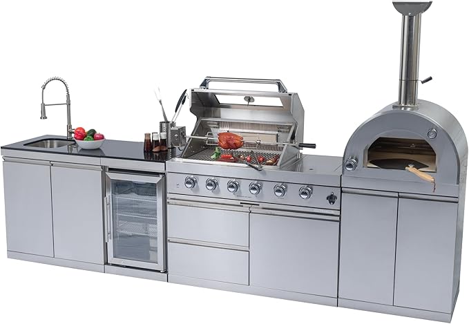 125-Inch 108000- BTU Stainless Steel Propane Gas BBQ Grill Modular Outdoor Kitchen Island,485Sq.In Cooking Area,Pizza oven,Wine Cooler,Refrigerator,Storage Cabinets&Drawers,Silver