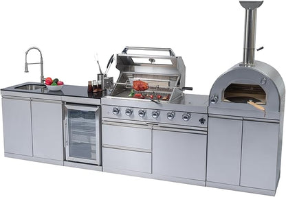 125-Inch 108000- BTU Stainless Steel Propane Gas BBQ Grill Modular Outdoor Kitchen Island,485Sq.In Cooking Area,Pizza oven,Wine Cooler,Refrigerator,Storage Cabinets&Drawers,Silver
