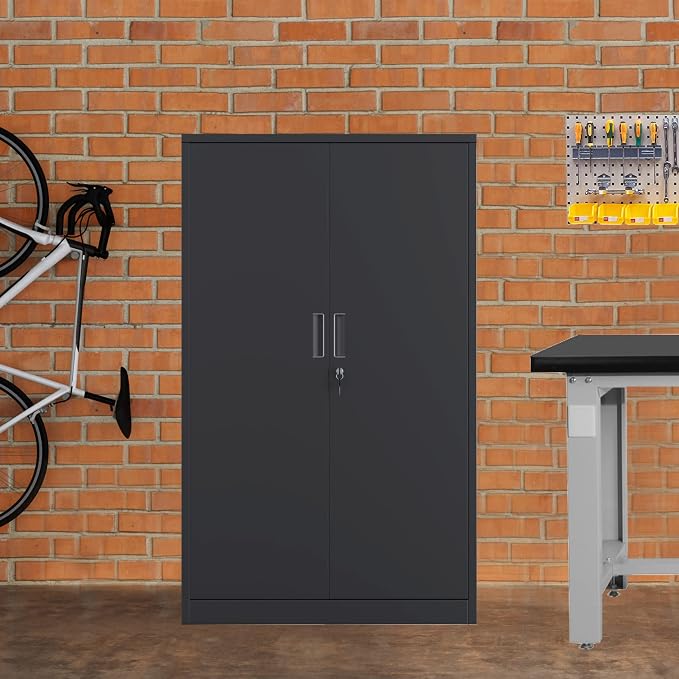 Metal Storage Cabinet with Locking Doors and 3 Adjustable Shelves, 53.5-Inch Tall Lockable Steel Storage Cabinets for Home Office Garage Pantry (Black)