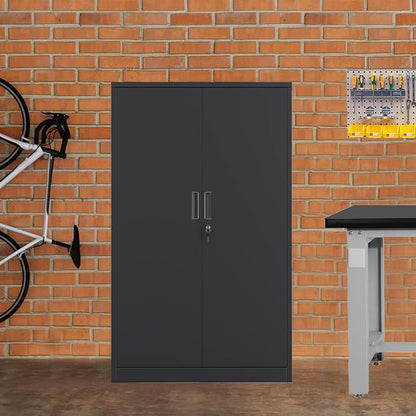 Metal Storage Cabinet with Locking Doors and 3 Adjustable Shelves, 53.5-Inch Tall Lockable Steel Storage Cabinets for Home Office Garage Pantry (Black)