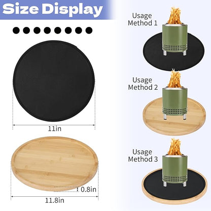 2 Pcs Tabletop Fire Pit Mat Set 10" Heat Resistant Mats Round Wooden Bamboo Tray with Fireproof Pad for Indoor Outdoor Winter Stoves to Protect Countertop and Table (12inch)