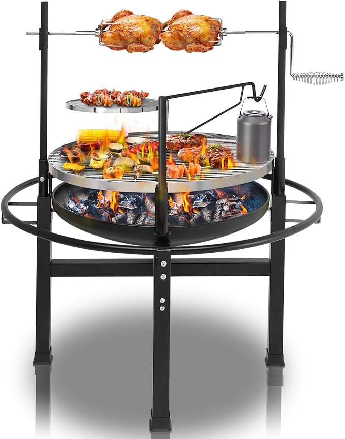 Charcoal BBQ Grill with Cooking Area, Outdoor Cooking Grill Charcoal Trays Round Iron Spray Grill Black, Outside Barbecue Grill Tools,Camp Picnic Cooker 33"L X 33"W X 43"H