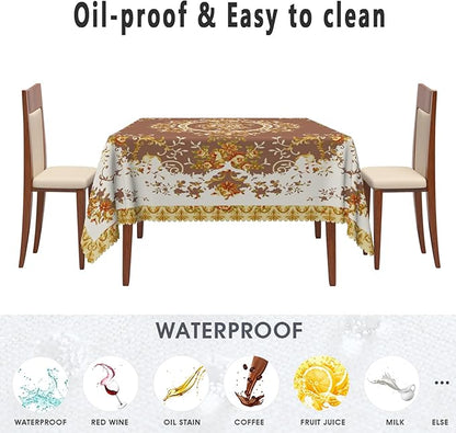 French Floral Square Tablecloth Brown Flowers Tablecloths Vintage Luxury Classic Design Waterproof Square Polyester Resistant Table Cover for Picnic Dinner Decor 60x60 Inch