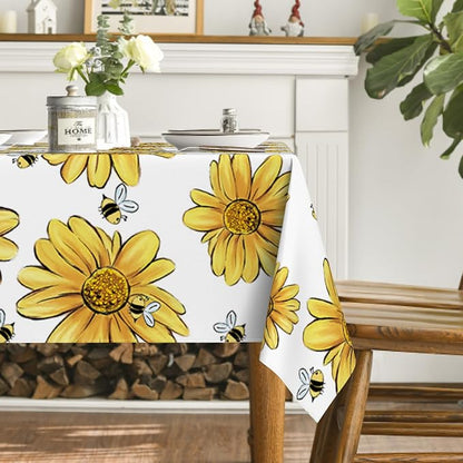 Horaldaily Summer Tablecloth 52 x 70 Inch Rectangular Bumble Bee | Yellow Sunflower White Fall Washable Table Cover for Party Picnic Dinner Decor