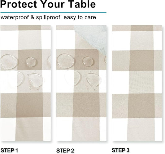 Hiasan Checkered Tablecloth Rectangle, 70 x 140 Inch - Waterproof, Wrinkle Resistant and Washable Gingham Table Cloth for Outdoor Picnic, Kitchen and Holiday Dinner, Khaki and White