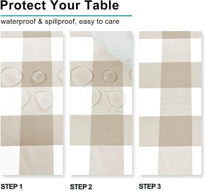 Hiasan Checkered Tablecloth Rectangle 60 x 102 Inch - Stain Resistant, Spillproof and Washable Gingham Table Cloth for Outdoor Picnic, Kitchen and Holiday Dinner, Khaki and White