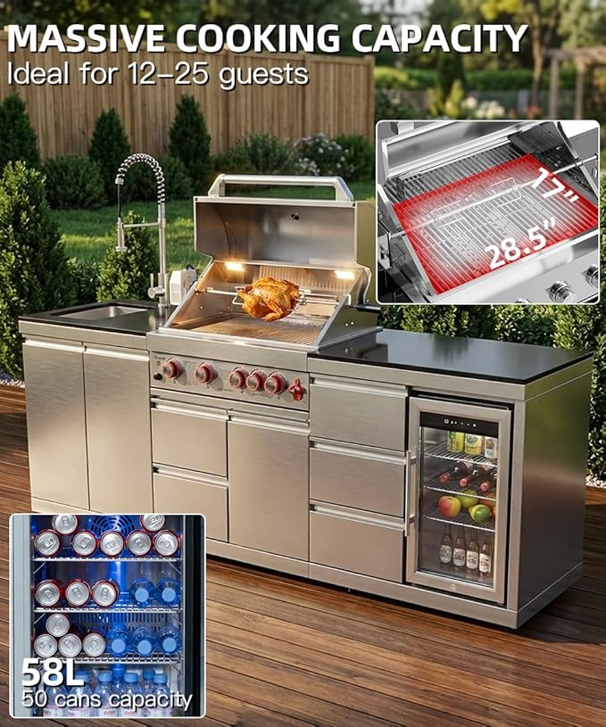 BBQ Outdoor Kitchen Island Grill Barbecue Modular Patio Kitchens Kits with Electric Rotisserie, Sink, fridge, and Burner for More than 10 People