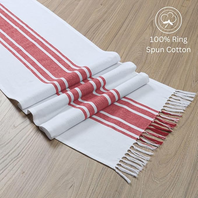 Table Runner 100% Cotton - 90 Inches Long Farmhouse Table Runner with Tassels - Tight-Weave Washable Non-Slip - for Dining Kitchen Holidays Events - 14x90 Inches - Red
