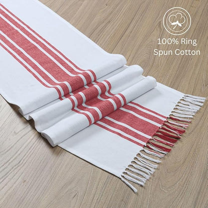 Table Runner 100% Cotton - 90 Inches Long Farmhouse Table Runner with Tassels - Tight-Weave Washable Non-Slip - for Dining Kitchen Holidays Events - 14x90 Inches - Red