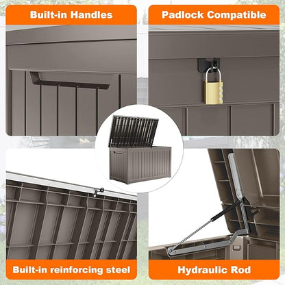 280 Gallon Outdoor Storage Box Waterproof, Resin Lockable Deck Box with Lid, Large Capacity Weatherproof Container for Patio Furniture Pool Accessories, Cushions(Grey, 280 Gallon)