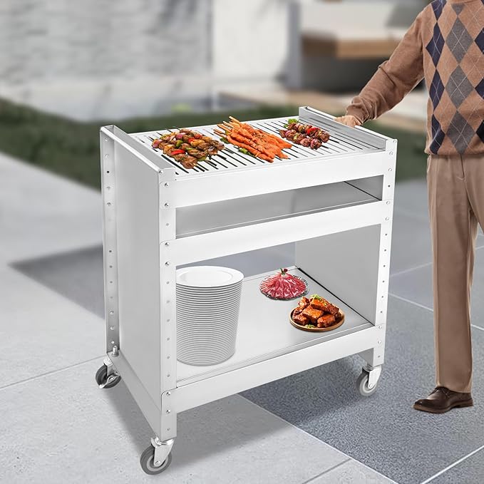 Grill Cart with Adjustable Shelves, Stainless Steel BBQ on Wheels for Patio, Garden & Outdoor Cooking, Portable Charcoal Barbecue Grill Cart for Home Use