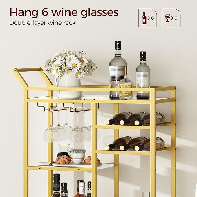 MAHANCRIS Bar Cart for Home, 3-Tier Serving Cart with Mirrored Top, Beverage Cart with Wine Rack and Glass Holder, Drink Cart with Wheels, for Dining Room, Living Room, Gold and White RCJM7101
