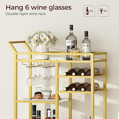 MAHANCRIS Bar Cart for Home, 3-Tier Serving Cart with Mirrored Top, Beverage Cart with Wine Rack and Glass Holder, Drink Cart with Wheels, for Dining Room, Living Room, Gold and White RCJM7101