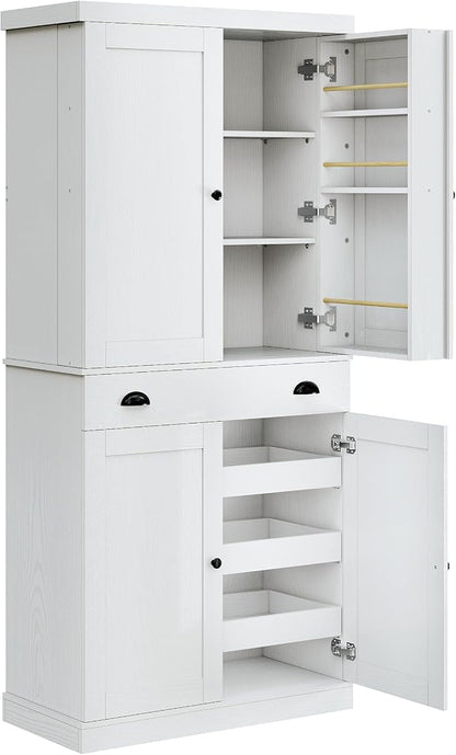 IRONCK 72" Kitchen Pantry Cabinet with Drawer and Sliding Racks, White | White wood pantry cabinet. 6 door shelves. 3 sliding racks. For kitchen, dining room, or hallway.