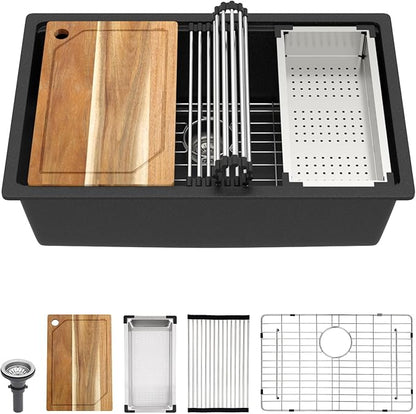 28x19 Inch Black Undermount Kitchen Sink, Granite Composite Kitchen Sink, Workstation All-In One Matte Black Quartz Classic Single Bowl Sinks Basin #TLGU-137