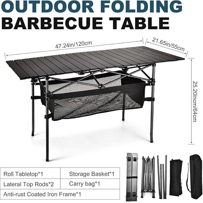 WUROMISE Lightweight Aluminum Folding Camping Table (47” x 21.65” x 26.7”), Portable Roll-Up Design for Outdoor, Camping, Beach, BBQ, Patio, and Picnic, Durable & Waterproof with Carrying Bag