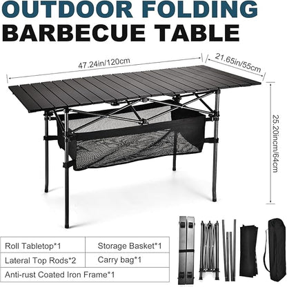 WUROMISE Lightweight Aluminum Folding Camping Table (47” x 21.65” x 26.7”), Portable Roll-Up Design for Outdoor, Camping, Beach, BBQ, Patio, and Picnic, Durable & Waterproof with Carrying Bag