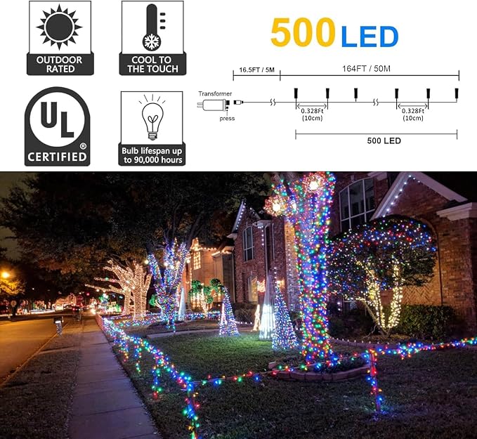 kemooie 500 LED Christmas Lights, 164FT 8 Lighting Modes with Memory Plug in Waterproof Christmas Lights Outdoor, for Birthday Christmas Tree Party Garden Balcony Decorations (Multicolored)