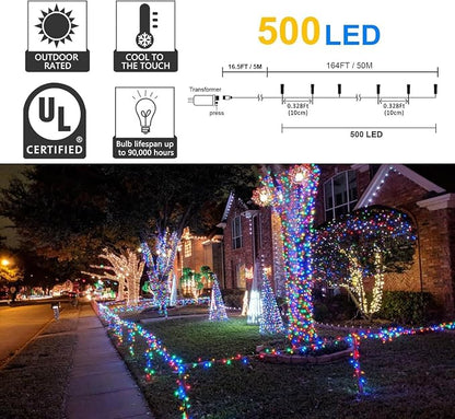 kemooie 500 LED Christmas Lights, 164FT 8 Lighting Modes with Memory Plug in Waterproof Christmas Lights Outdoor, for Birthday Christmas Tree Party Garden Balcony Decorations (Multicolored)