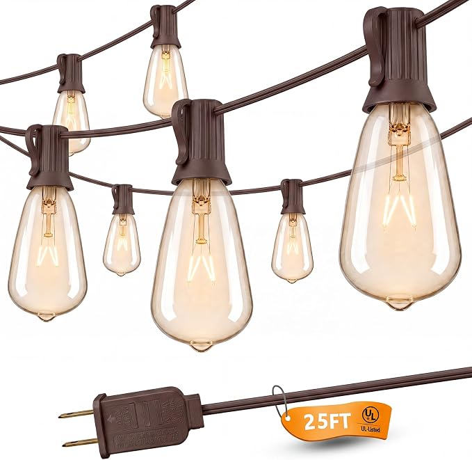 SUNSGNE 25FT Outdoor Edison Bulb String Lights with 27 Clear Edison Bulbs, ST35 Vintage String Lights for Patio, Garden, Backyard, Porch, Bistro Party Decoration, E12 Socket Base (Brown Wire)