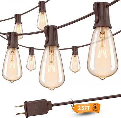 SUNSGNE 25FT Outdoor Edison Bulb String Lights with 27 Clear Edison Bulbs, ST35 Vintage String Lights for Patio, Garden, Backyard, Porch, Bistro Party Decoration, E12 Socket Base (Brown Wire)