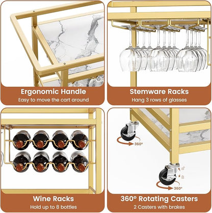 Leteuke Bar Cart for Home, 3 Tier Gold Serving Rolling Carts with Wheels | Drink Cart, Liquor Stand with Marbled Wooden Shelves, Wine Rack and Glass Holder for Kitchen, Dining Room