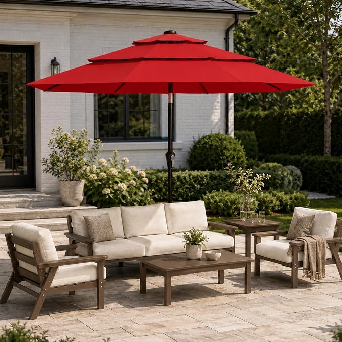10ft Patio Umbrella, 3-Tier Vented Outdoor Table Umbrella with 8 Sturdy Fiberglass Ribs, Windproof Market Umbrella with Push Button Tilt and Crank, UV Protection for Deck, Pool, Red