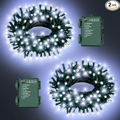White Christmas Lights Outdoor Battery Operated String Lights Total 100LED 33Ft with Timer 8 Modes 16.4Ft*2 Waterproof Outdoor Indoor for Christmas Decor, Cold White, 2-Pack