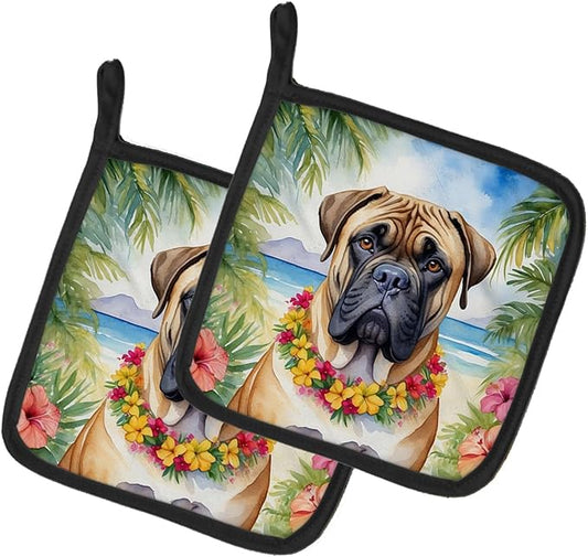 Caroline's Treasures Bullmastiff Luau Pair of Pot Holders Kitchen Heat Resistant Pot Holders Sets Oven Hot Pads for Cooking Baking BBQ, 7 1/2 x 7 1/2