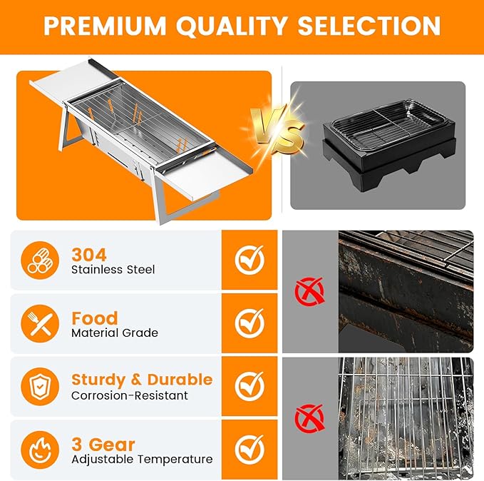Foldable Stainless Steel Charcoal Grill, Ultra-Portable Mini BBQ Grill with Adjustable Heat, Tabletop Barbecue Grill for Camping, Picnic, Backyard, Terrace & Travel