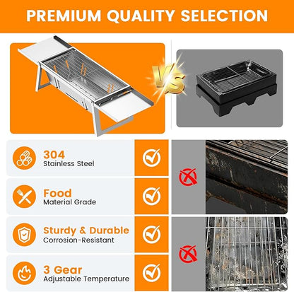 Foldable Stainless Steel Charcoal Grill, Ultra-Portable Mini BBQ Grill with Adjustable Heat, Tabletop Barbecue Grill for Camping, Picnic, Backyard, Terrace & Travel