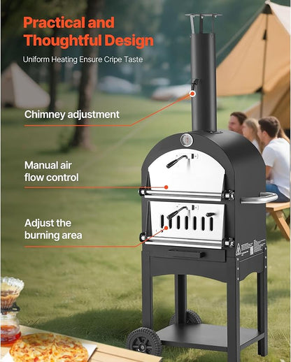 VEVOR Portable Outdoor Oven, 12-inch Stand Pizza Oven with Casters, Pellet & Chips & Charcoal & Firewood Four Fuel, Baked Paint Pizza Grill, Includes Pizza Stone, Pizza Shovel, for Camping & Backyard