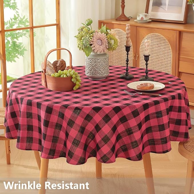 TruDelve Round Christmas Tablecloth 60 Inch Red and Black Checkered Cloth Tablecloths Circle Table Cloth (Red,60",Round)