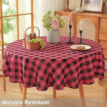 TruDelve Round Christmas Tablecloth 60 Inch Red and Black Checkered Cloth Tablecloths Circle Table Cloth (Red,60",Round)