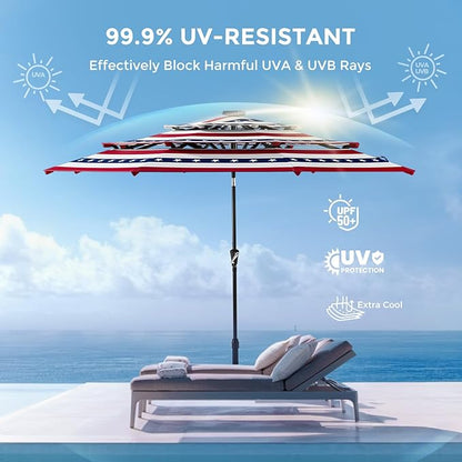 HOMSHADE 9FT 3-Tier Solar Patio Umbrella Heavy Duty, Vented Market Table Umbrella Windproof w/32 LED Lights, UPF50+, 5-Year Fade Resistant, for Pool, Lawn, Garden, Deck (No Base)