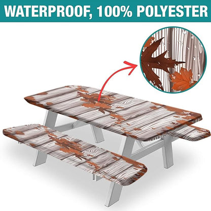 Autumn Picnic Table Cover with Bench Covers, Fall Maple Tree and Leaves Rustic Wooden Planks Elastic Edged Table Cover, 28x72 Inch, 3 Piece Set, for Picnics Indoor and Outdoor Dining Use