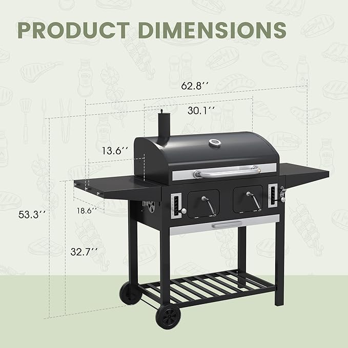 Extra Large Charcoal Grill, Outdoor BBQ Grill with Adjustable Charcoal Trays and Foldable Side Tables, Heavy-Duty Barbecue Grill Smoker for Patio, Camping, Backyard