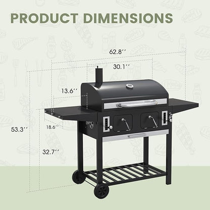 Extra Large Charcoal Grill, Outdoor BBQ Grill with Adjustable Charcoal Trays and Foldable Side Tables, Heavy-Duty Barbecue Grill Smoker for Patio, Camping, Backyard