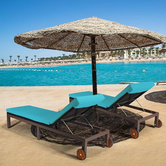 Tangkula Patio Chaise Lounge Chair, Outdoor Rattan Lounger Recliner Chair with Wheels, Wicker Chaise Chair W/Cushioned Seating, Recliner 5-Position Adjustable for Garden Patio Poolside (2, Turquoise)