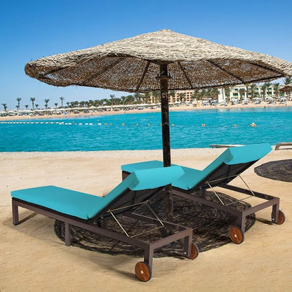 Tangkula Patio Chaise Lounge Chair, Outdoor Rattan Lounger Recliner Chair with Wheels, Wicker Chaise Chair W/Cushioned Seating, Recliner 5-Position Adjustable for Garden Patio Poolside (2, Turquoise)