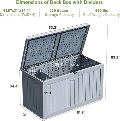 Patiowell 230 Gallon Large Deck Box, Outdoor Lockable Storage Box with Divider, Waterproof and UV-Resistant Deck Box for Patio Furniture and Garden Tools, Grey