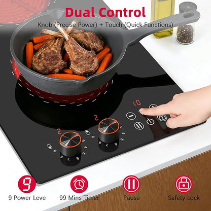 2 Burner Electric Cooktop 110v Hobsir, 2000W Electric Stove Top Burner 12 Inch, 9 Power Levels, Knob & Touch Control, Plug in Cooktop 120v, 99 Mins Timer, Safety Lock, Automatic shutdown