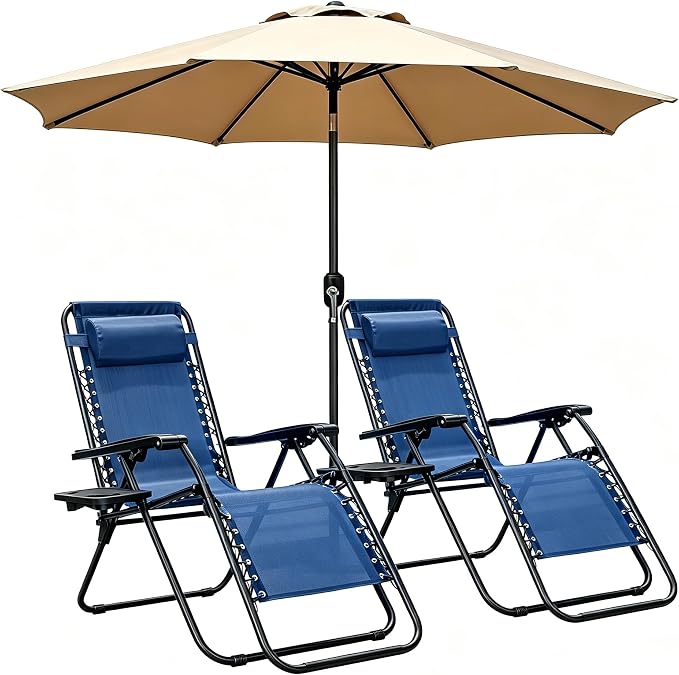 Zero Gravity Chairs Set of 2 with 9FT Patio Umbrella, Adjustable Folding Outdoor Recliner with Pillow & Cup Holder, Waterproof UV Protection Market Umbrella for Pool, Beach, Patio, Camping