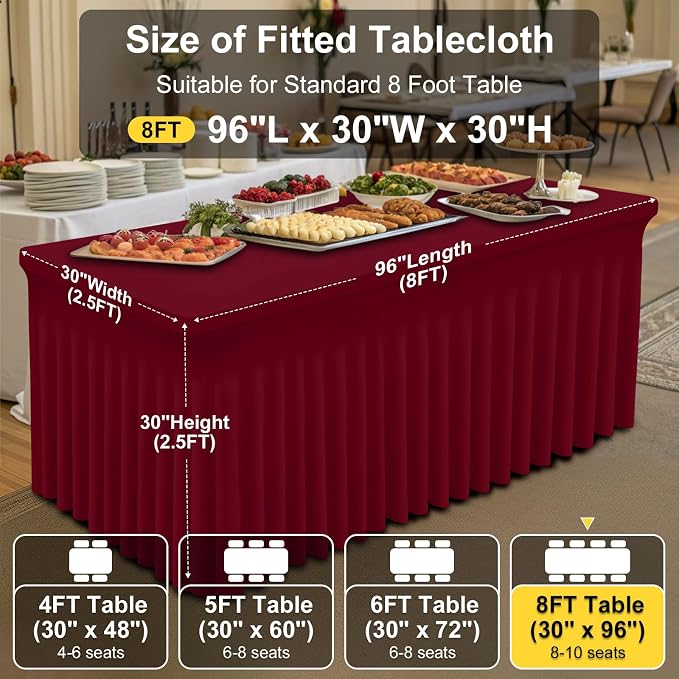 Smiry 2 Pack Spandex Elastic Fitted Table Cloth Skirt for 8FT Table | Stretch Washable Table Cloth, Banquet Table Cover for Wedding, Party, Indoor & Trade Shows, (Burgundy, 96Lx30Wx30H)