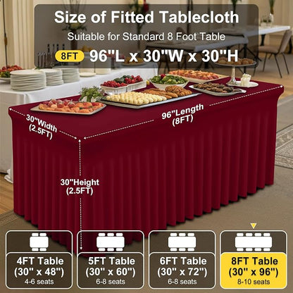 Smiry 2 Pack Spandex Elastic Fitted Table Cloth Skirt for 8FT Table | Stretch Washable Table Cloth, Banquet Table Cover for Wedding, Party, Indoor & Trade Shows, (Burgundy, 96Lx30Wx30H)