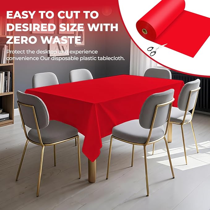 54 Inch X 300 Feet Plastic Table Cover Roll Premium Disposable Plastic Tablecloth for All Type/Shape Tables | Picnic, Party, Banquet, Birthdays, Weddings (Red, 54 Inch X 300 Feet)