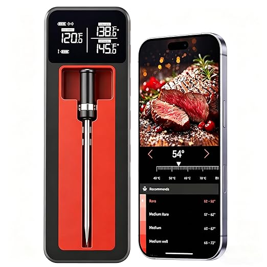 Smart Wireless Meat Thermometer IP67 Ultra-Thin Probe ±0.5℉ Accuracy Bluetooth 230ft Real-Time Monitoring & Smart Alerts with APP Standalone Display Base for BBQ, Oven, Kitchen,Grill,Smoker