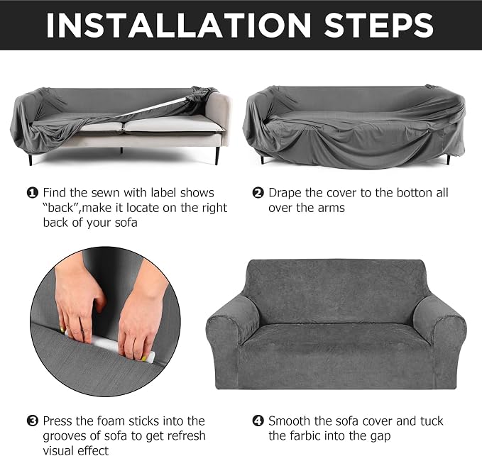 Peryiter 3 Pcs Couch and Loveseat Sofa Covers,Dark Gray,Velvet | Armchair Covers for Living Room, Sofa Cushion Slipcover, Furniture Protector, Polyester and Spandex, Washable