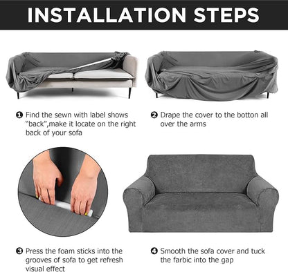 Peryiter 2 Pcs Couch and Loveseat Sofa Covers,Dark Gray,Velvet | Armchair Covers for Living Room, Sofa Cushion Slipcover 2/3 Seater, Furniture Protector, Polyester and Spandex, Washable